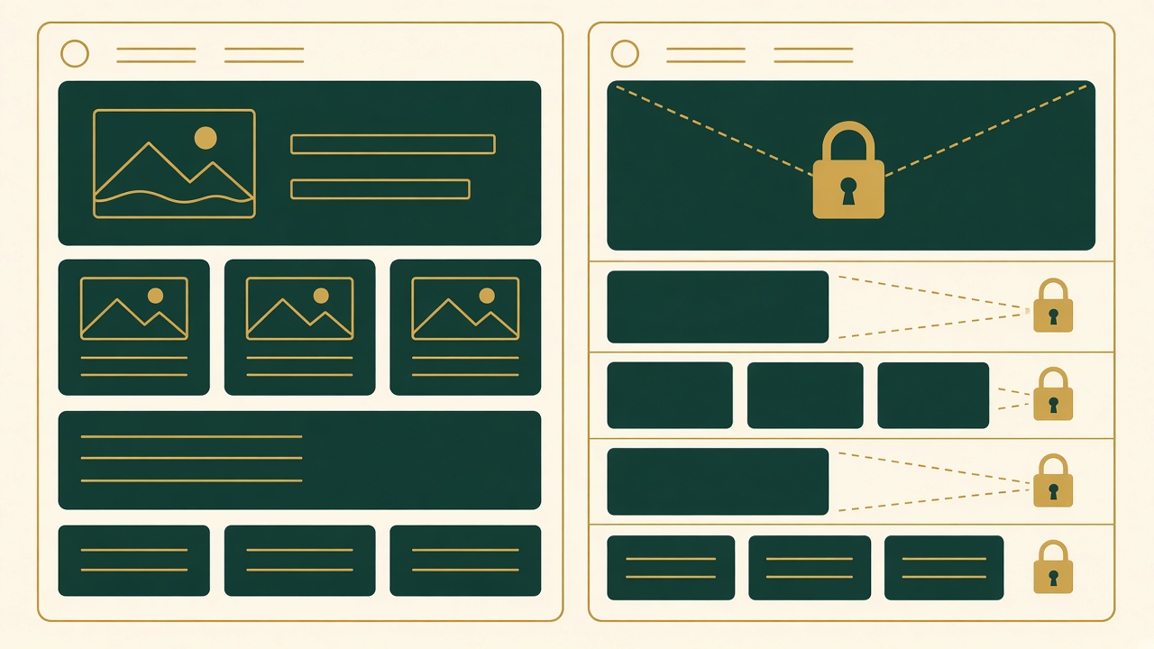 AI-generated illustration of a website wireframe split into editable and locked sections
