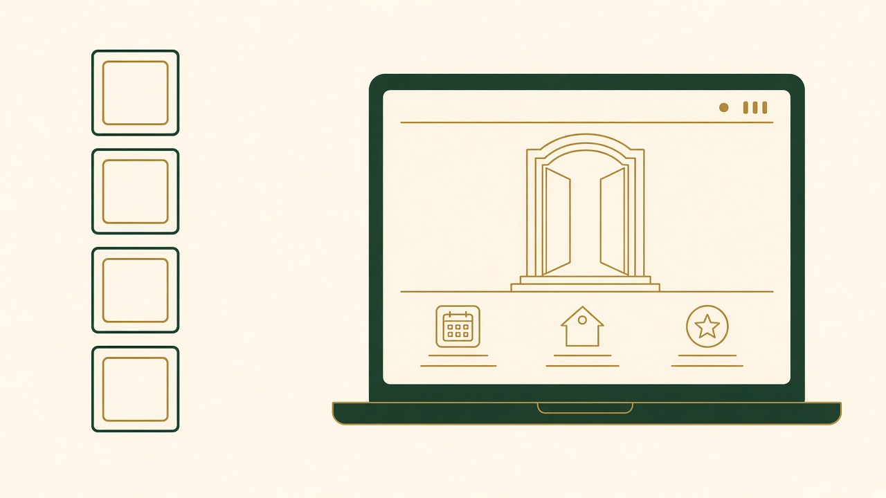 AI-generated illustration of a step-by-step checklist beside a laptop showing a booking website going live