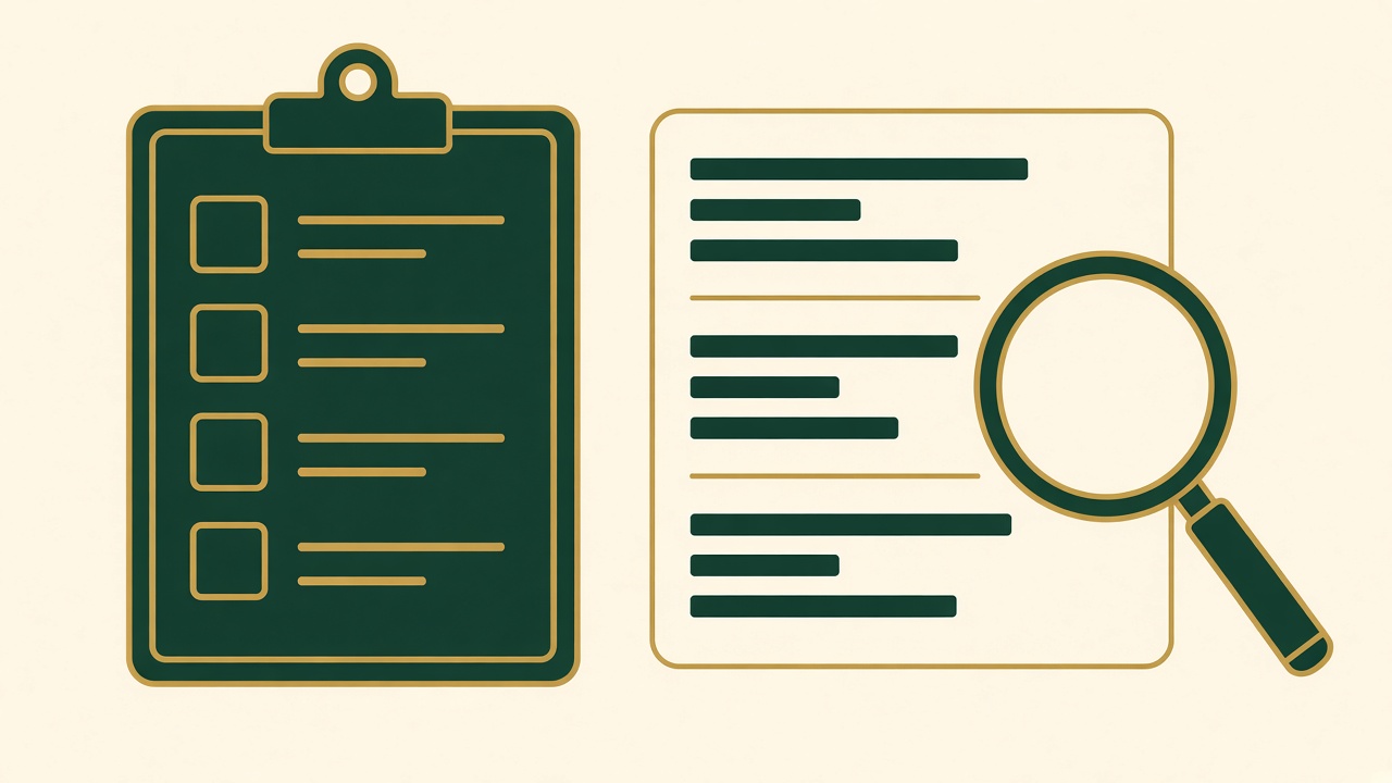 AI-generated illustration of a checklist clipboard next to a magnifying glass over a search results page
