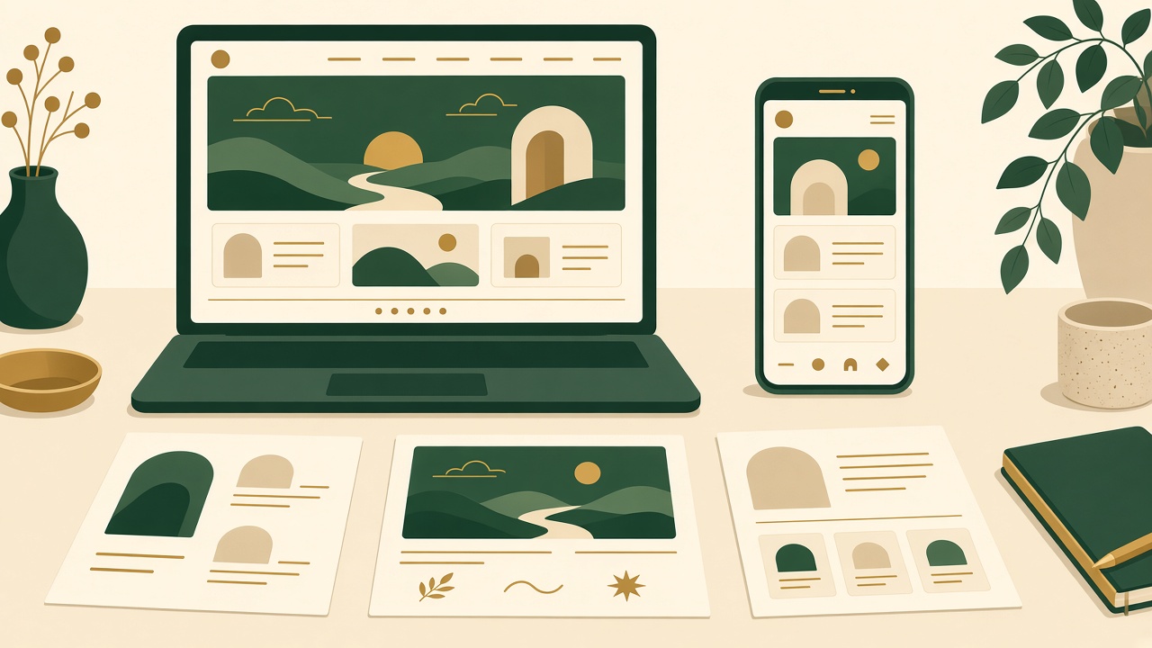 AI-generated illustration of several vacation rental website layouts arranged on a desk, viewed on laptop and phone