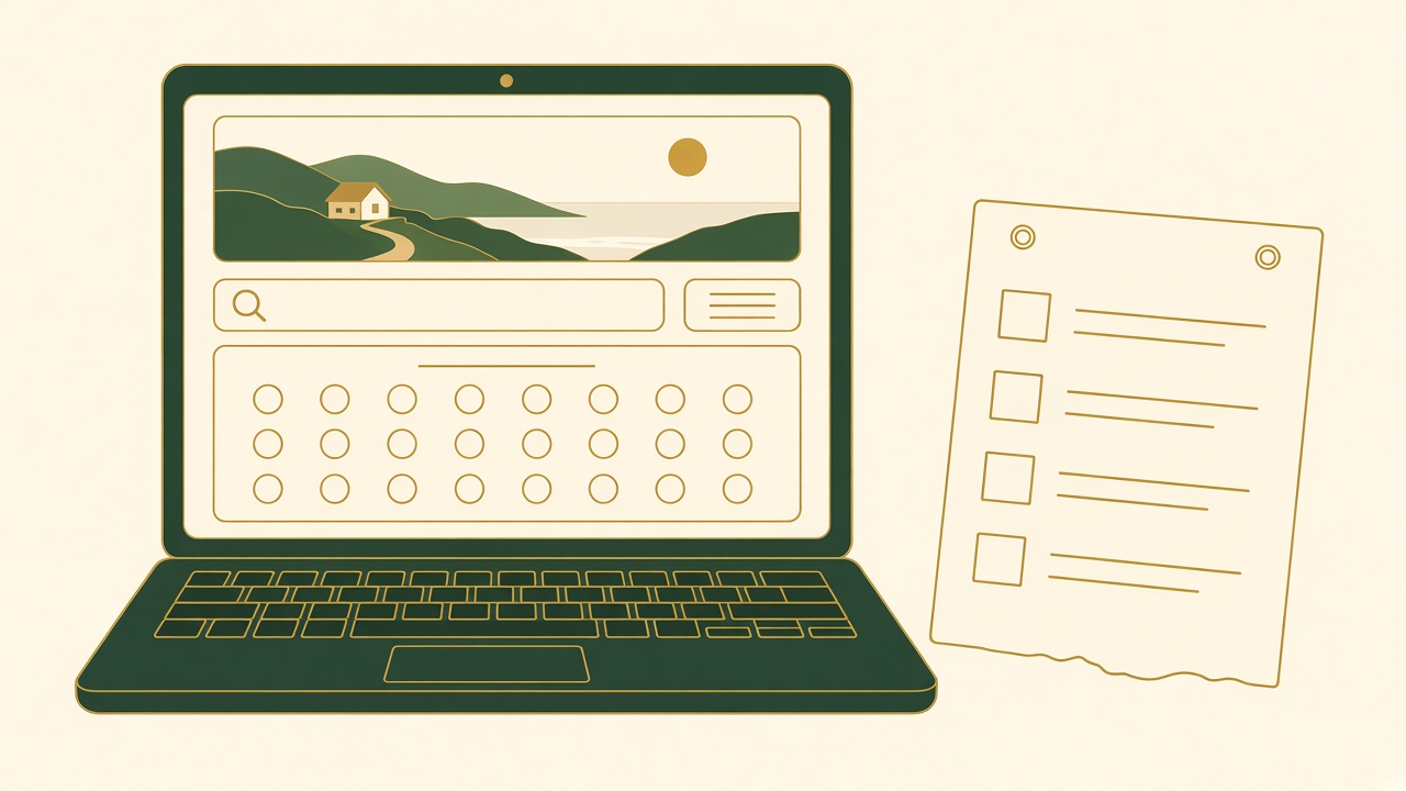 AI-generated illustration of a laptop showing a vacation rental website with an empty booking calendar beside a checklist